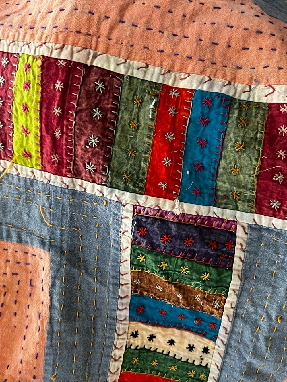 Handmade Multicolor Elephant Patchwork Quilt - Peach & Blue